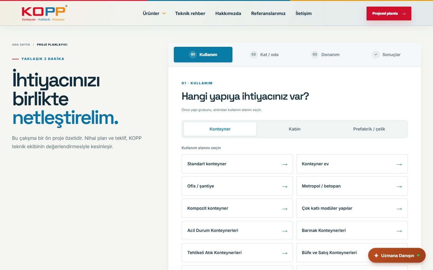 KOPP proje planlayıcısının yapı grubu ve kullanım alanı seçim ekranı