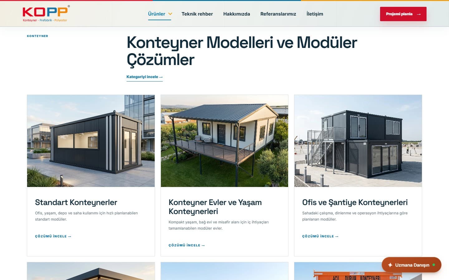 KOPP web sitesinde modüler yapı kategorileri ve konteyner ürün kartları
