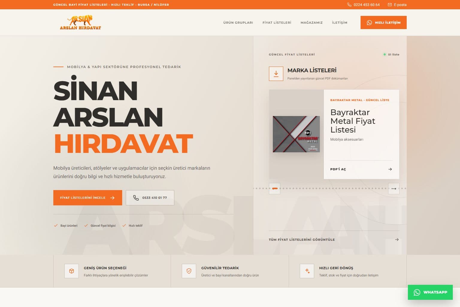 Sinan Arslan Hırdavat web tasarım projesi ekran görüntüsü