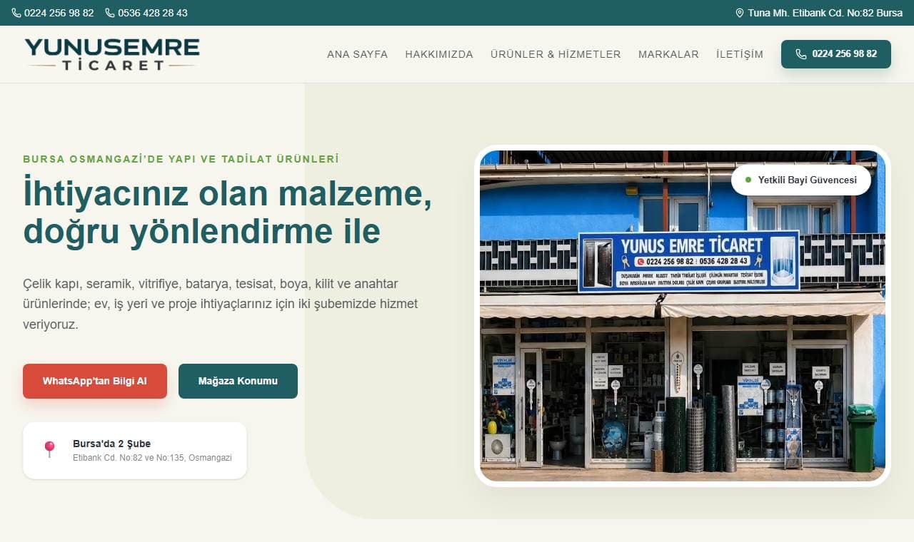 Yunus Emre Ticaret web sitesi görünümü